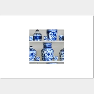 Shelves with blue and white chinoiserie jars Posters and Art